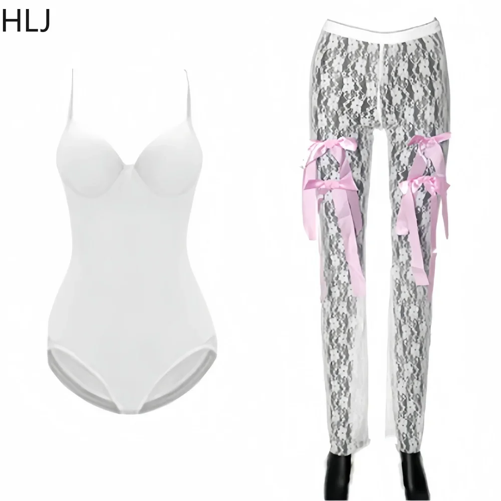 HLJ Sexy Lace Sheer Bow Pants Two Piece Sets For Women Thin Strap V Neck Bodysuits And Skinny Pants Outfit Fashion Clubwear 2024