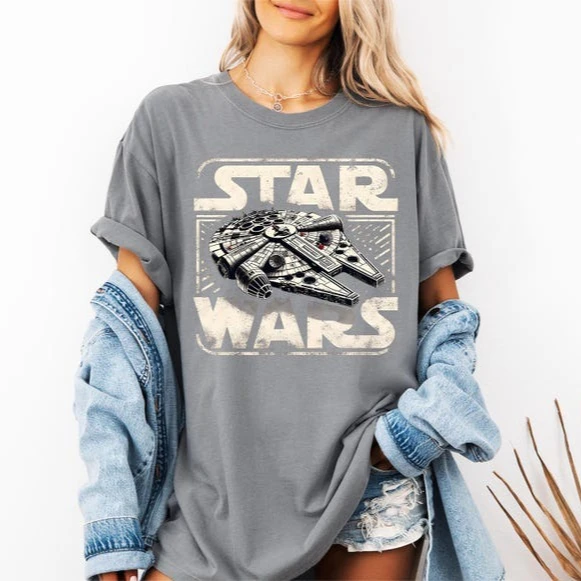 Millennium falcon angustiado algodão impressão manga curta camiseta star wars vintage presente gráfico para homens mulheres clássico filme t camisa