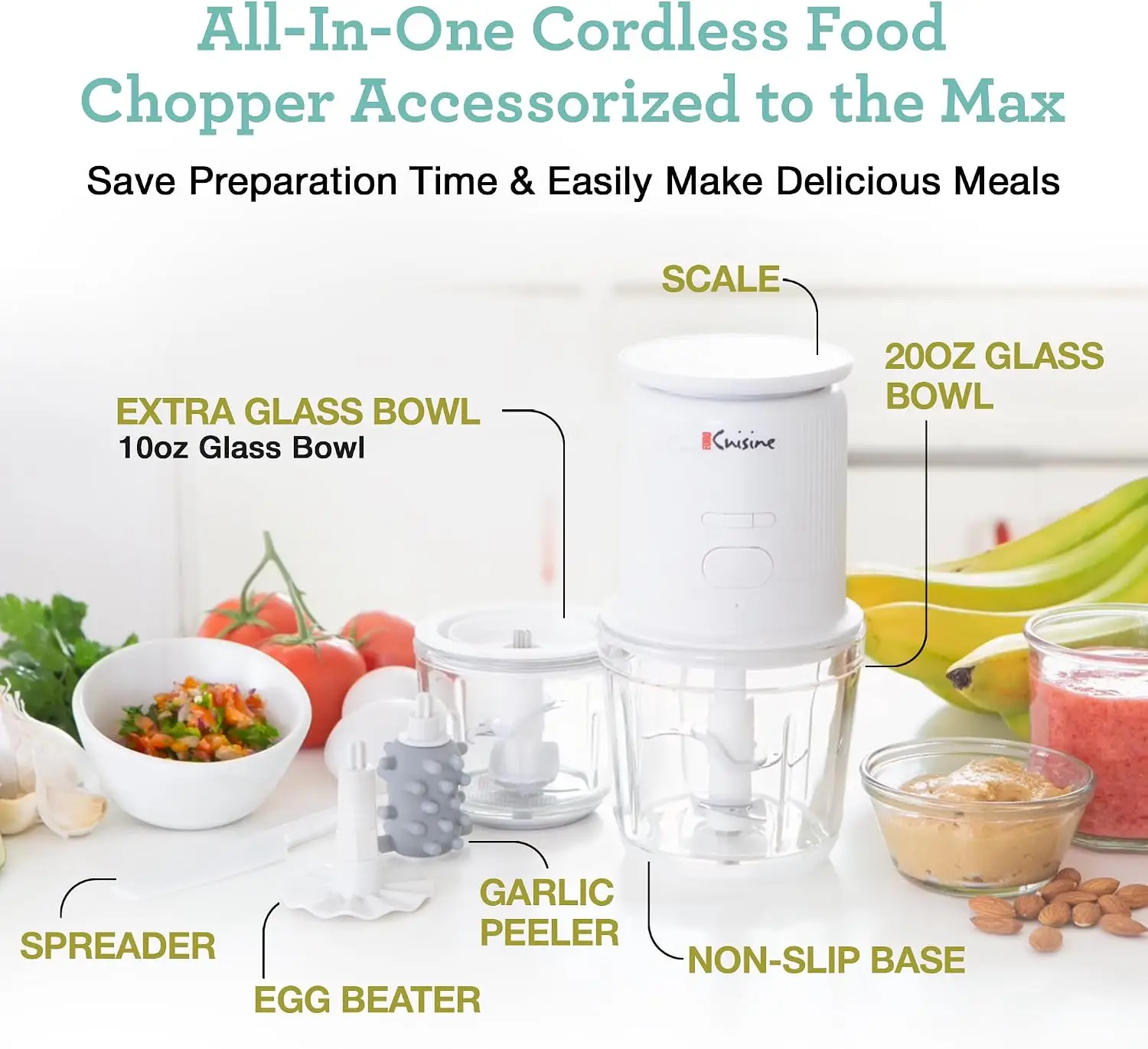 Cordless Rechargeable Electric Mini Food Chopper & Garlic Peeler with Built-In Digital Scale, 2 Bowls, 2 Blades, Mini Food Grinder Chopper Blender