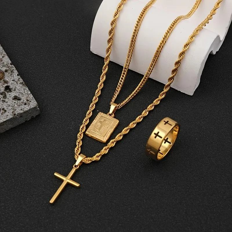 3pcs/set Trendy Hip-hop Cross Pendants Jewelry Sets for Women New Fashion Necklace Rings Statement Party Jewelry Gifts