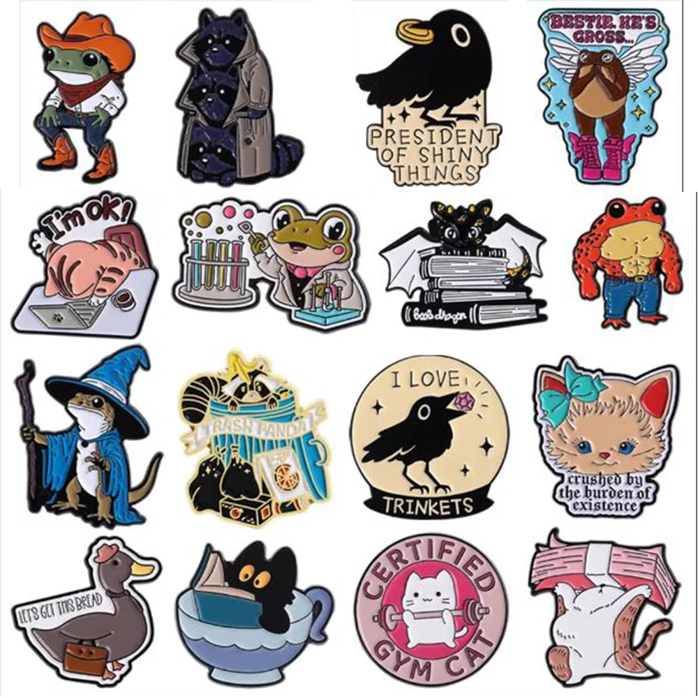 Raccoon Enamel Brooch Muscle Magic Laboratory Frog Lapel Badges Black Cat Book Crow Duck Lady Pins Backpack Jewelry Gifts
