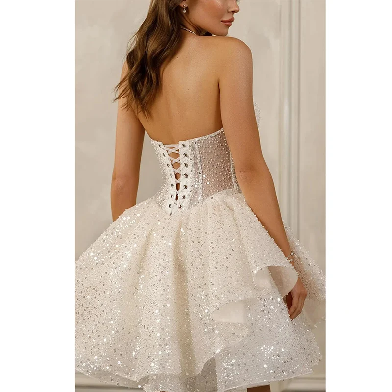 Robe de soirée courte sans bretelles, paillettes, perles, chérie, à plusieurs niveaux, en Tulle, robe de Cocktail, ligne a, robe de soirée