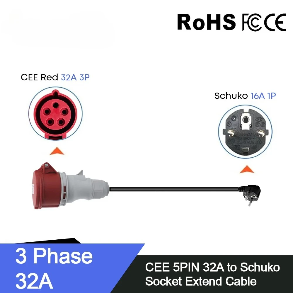 EV Charger Schuko Plug to CEE Red Power Female Plug 5 Pins Socket Adapter Connect with 16A 3 Phase 11KW Portable Charger