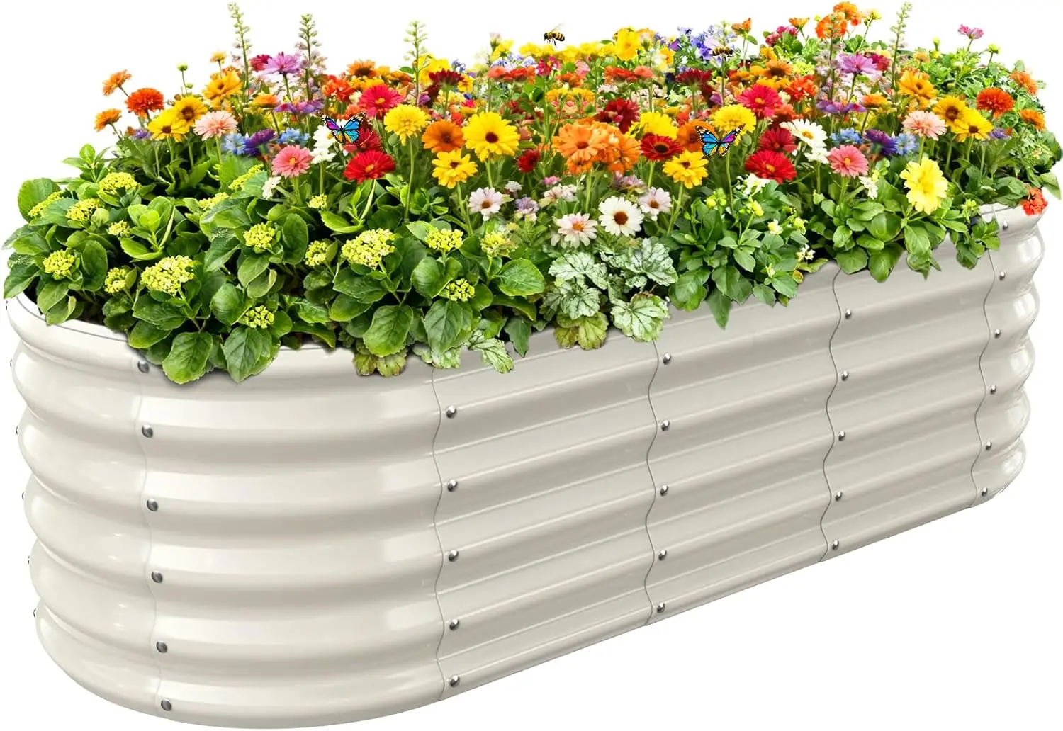 Kit de Jardinera Elevada Ovalada de 17 Pulgadas de Alto, Jardinera Metálica de 5 pies x 2 pies para Flores, Hierbas y Vegetales, Color Blanco Crema
