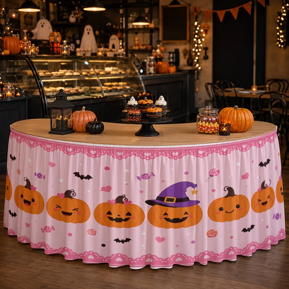 Send a tablecloth and table skirt 1 piece. Halloween. Pumpkin. Witch. Bat. Candy. Pink. Lace. Festival.zyc