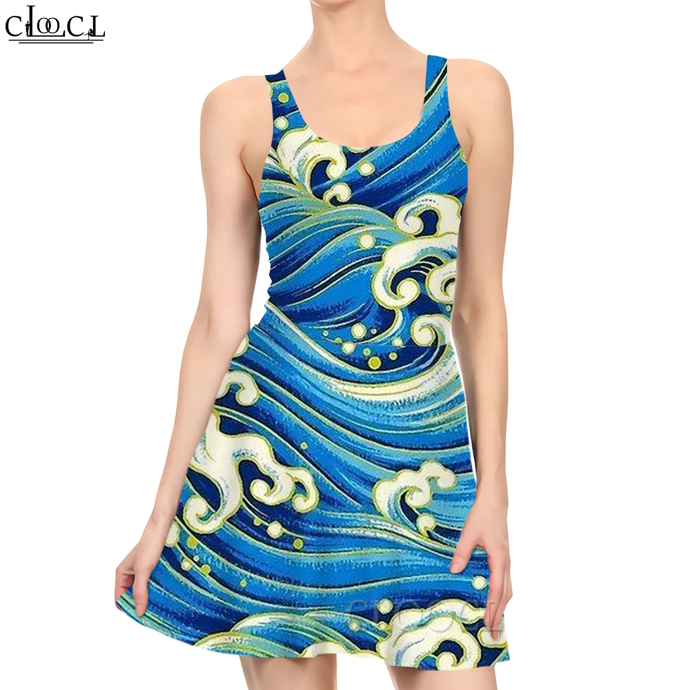 

CLOOCL Fashion Harajuku Dress Waves Painting Graphics Printed Female Sleeveless Mini Dress Princess Dress Sexy Summer Clothes