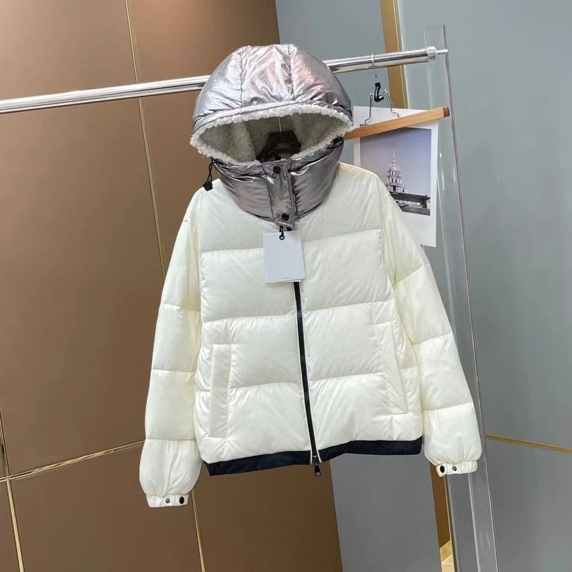 Winter New Casual Fashion Contrast Hooded Design Placket Inner Lace Frill Short Down Jacket For Women