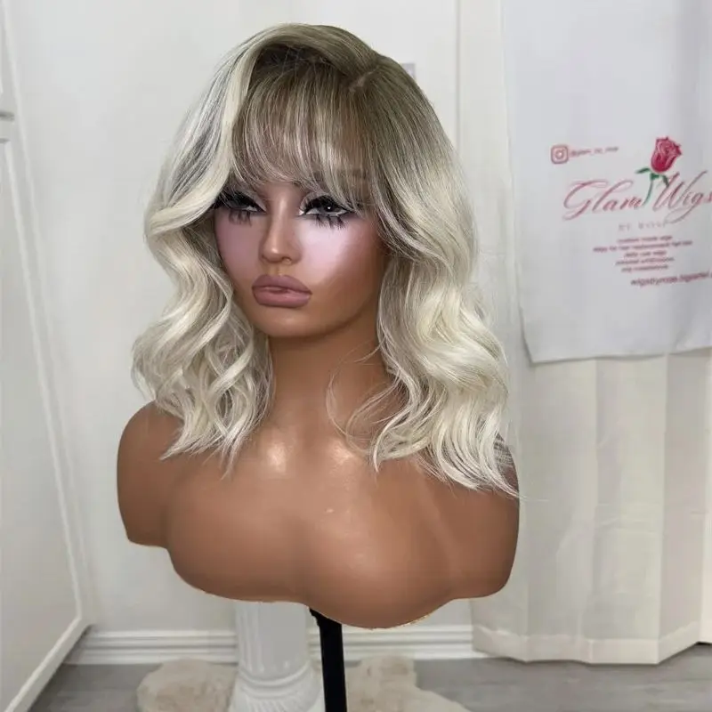 أومبير الأبيض البلاتين شقراء تسليط الضوء على الدانتيل الباروكة الأمامية موجة قصيرة بوب مع الانفجارات المصنع الأصلي شعر مستعار رخيصة 180% عالية الكثافة #5