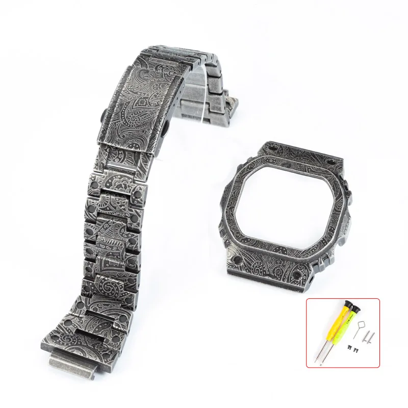 DW5600 Set Metal Watch Strap 316L Stainless Steel Carved Watchband Case for DW5000 DW-5600 GW-B5600 GW-5000 Belt Bezel Tools