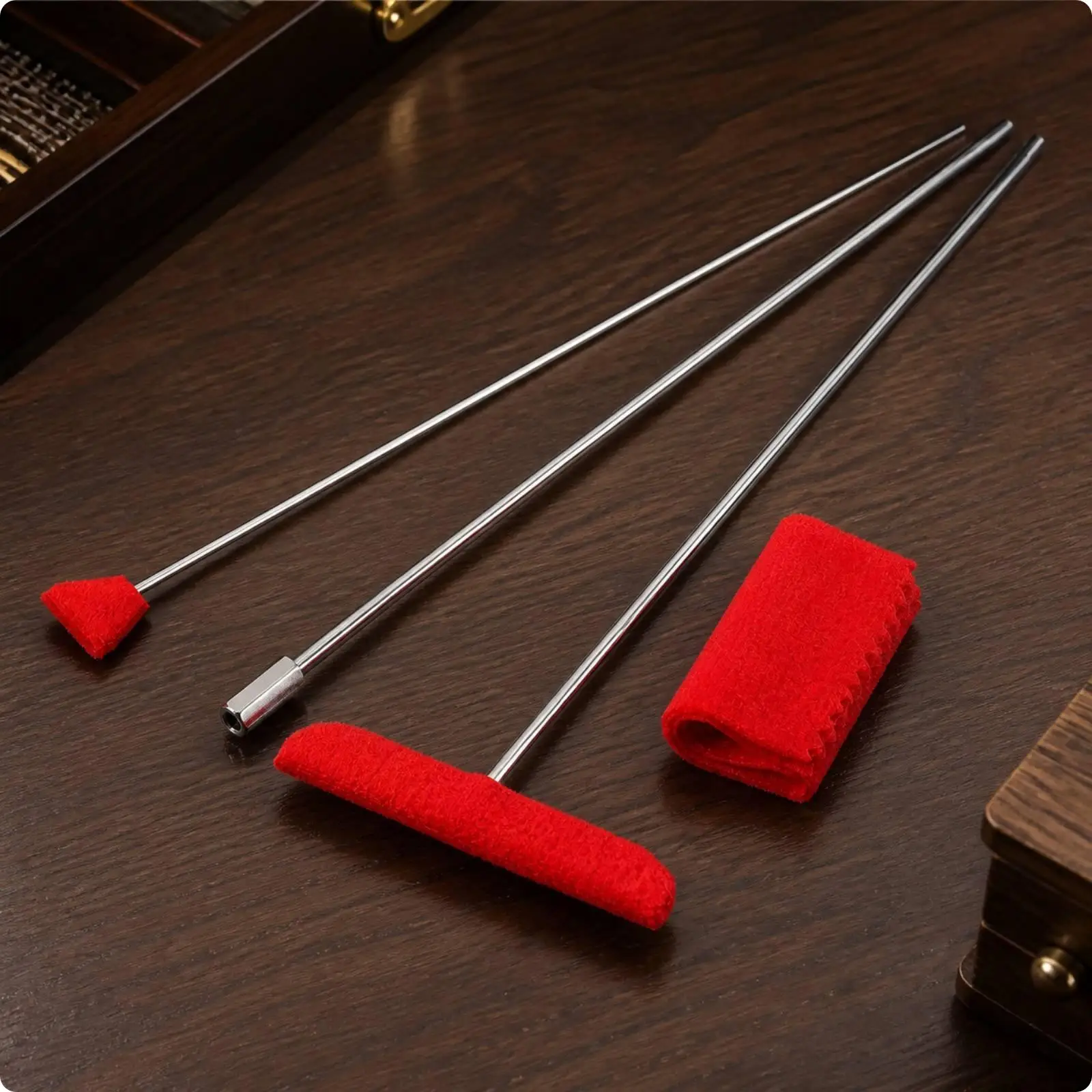 Metal Piano Duster Tool with Red Flannel Attachments for Gentle Cleaning of Piano Keys and Pins