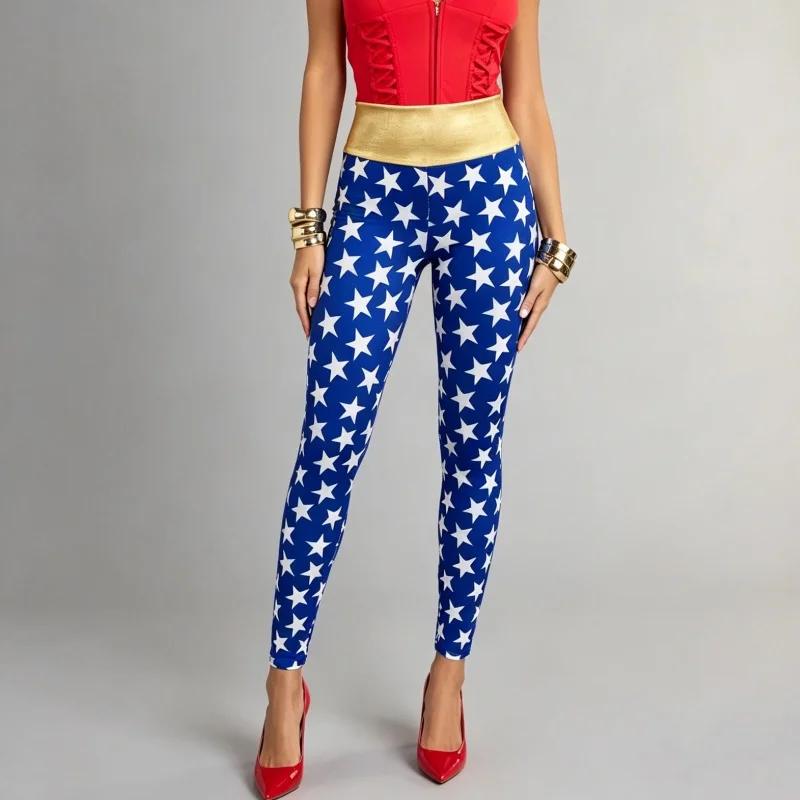 Women Star Print Leggings High Waist Skinny Pants Blue White Stretchy Tights Y2K hero Cosplay Halloween Party Clubwear