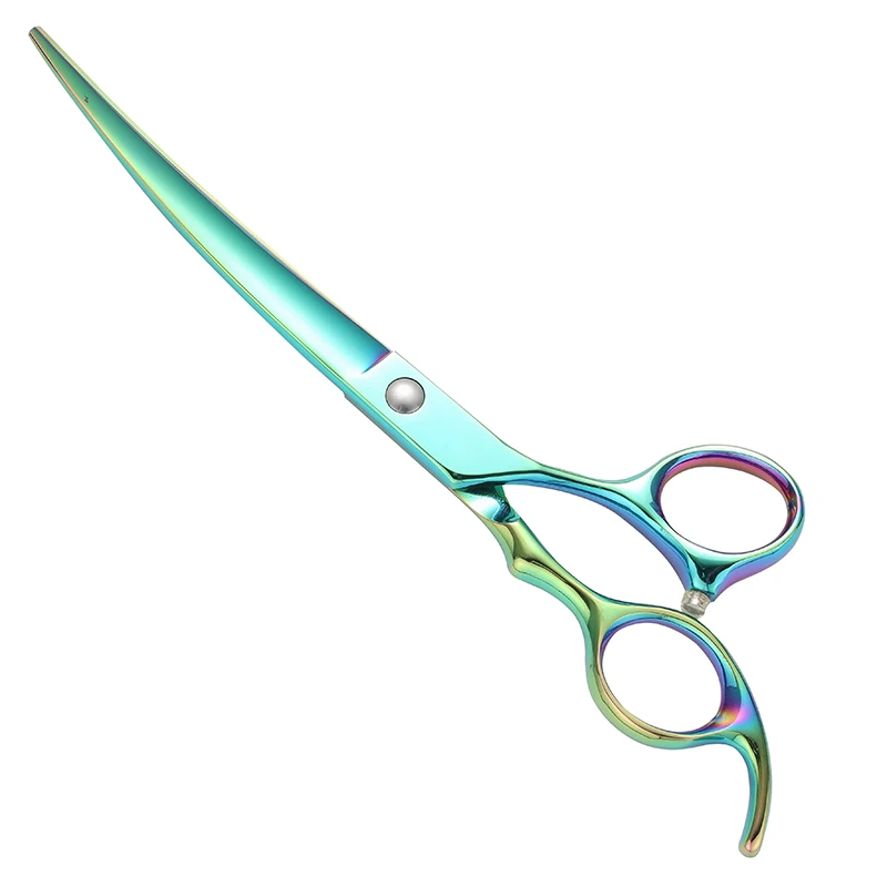 HUASIS HU28 7inch Dog Grooming Down Curved Scissors for Pets Japan 440C Stainless Steel Sharp Blade Green Titanium Color