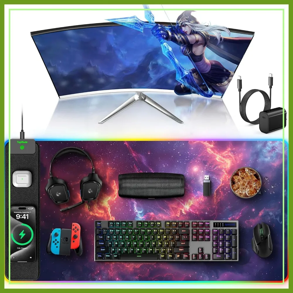 

31.5"x15.8" Large RGB Gaming Mouse Pad, Wireless Charging, Waterproof Desk Mat, Galaxy Nebula, with 20W Adapter & Cable