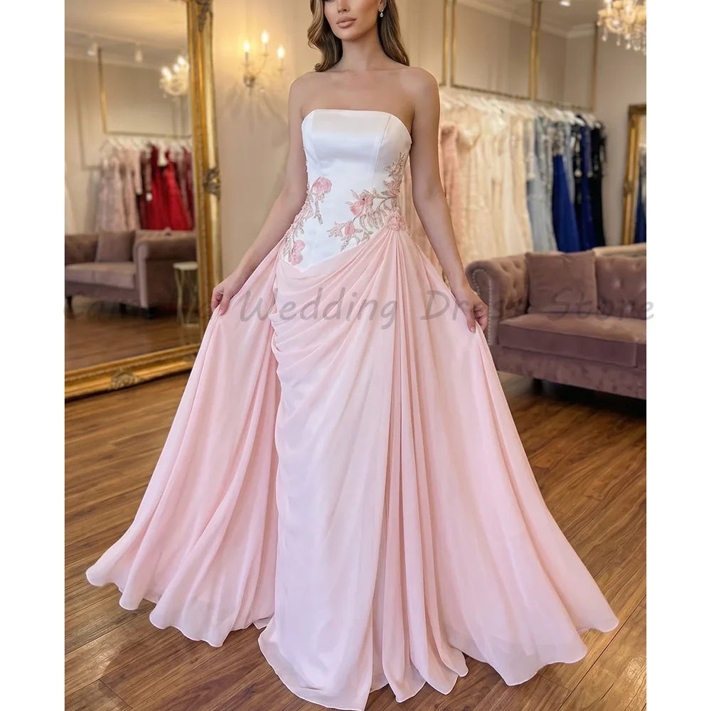 

White and Pink Strapless Evening Gown with Satin Bodice Floral Embroidery Draped Chiffon A-Line Formal Maxi Dress