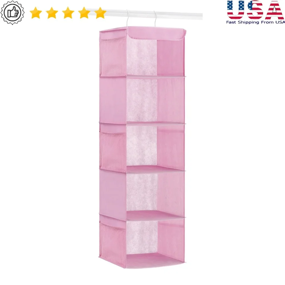

5 Shelf Hanging Closet Organizer Storage with Side Mesh Pockets Sweaters Accessories Shoes Toys