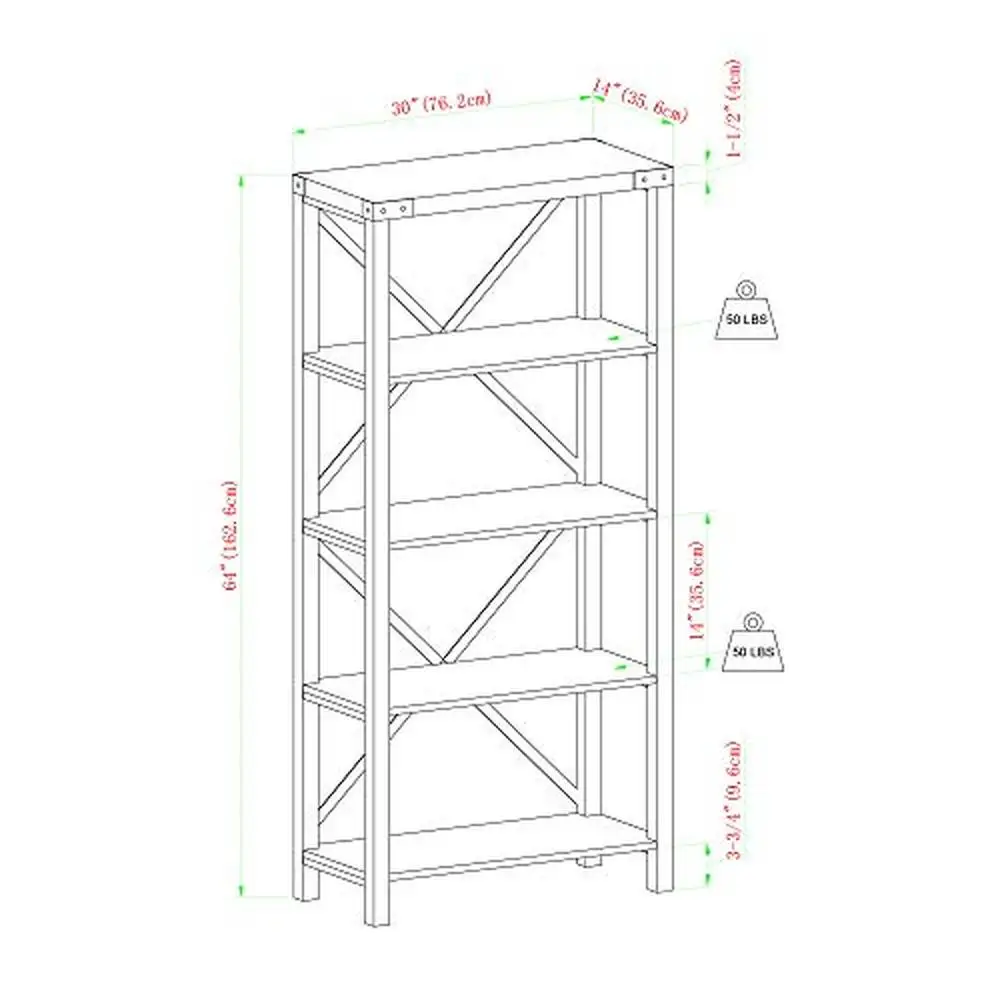 Rak buku Oak pedesaan, rak buku 4 tingkat, logam X belakang, rak dinding tugas berat 64 ", rak kantor, dapur, kamar tidur, lorong, rak buku dewasa