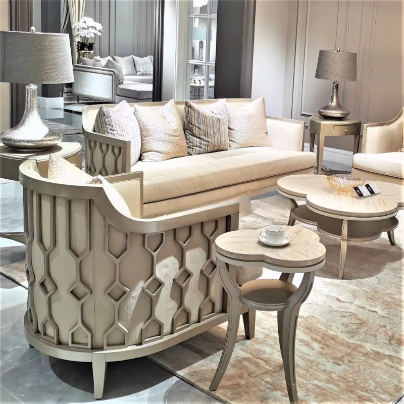 Luxury Champagne Gold Classic Wood Frame Living Room Furniture Fabric Sofa Set
