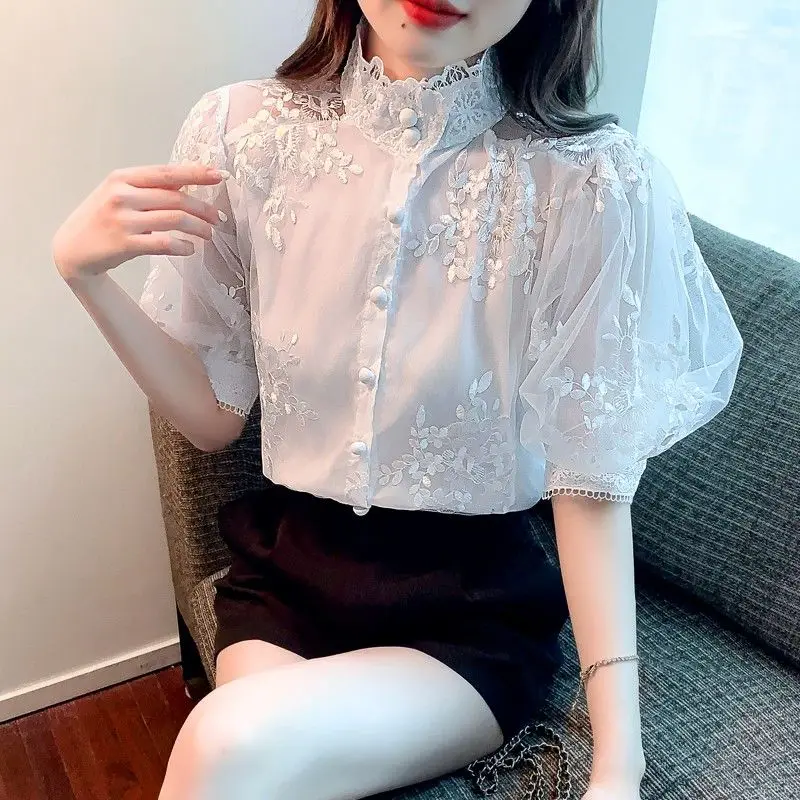 2023 New Summer French Lace Standing Neck Heavy Work Embroidery Lantern Sleeve Single Breasted Cardigan Commuter Loose Shirt