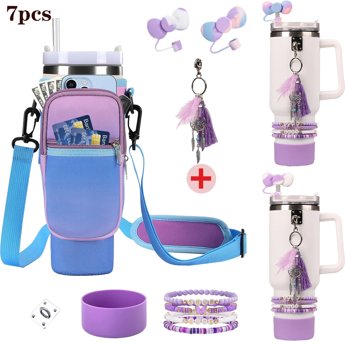 

TY 7PCS Cup Accessories Set for 40oz＆30oz Cup-Straw Covers Cap,Boot,Charm,Bracelets,Water Bottle Carrier Bag