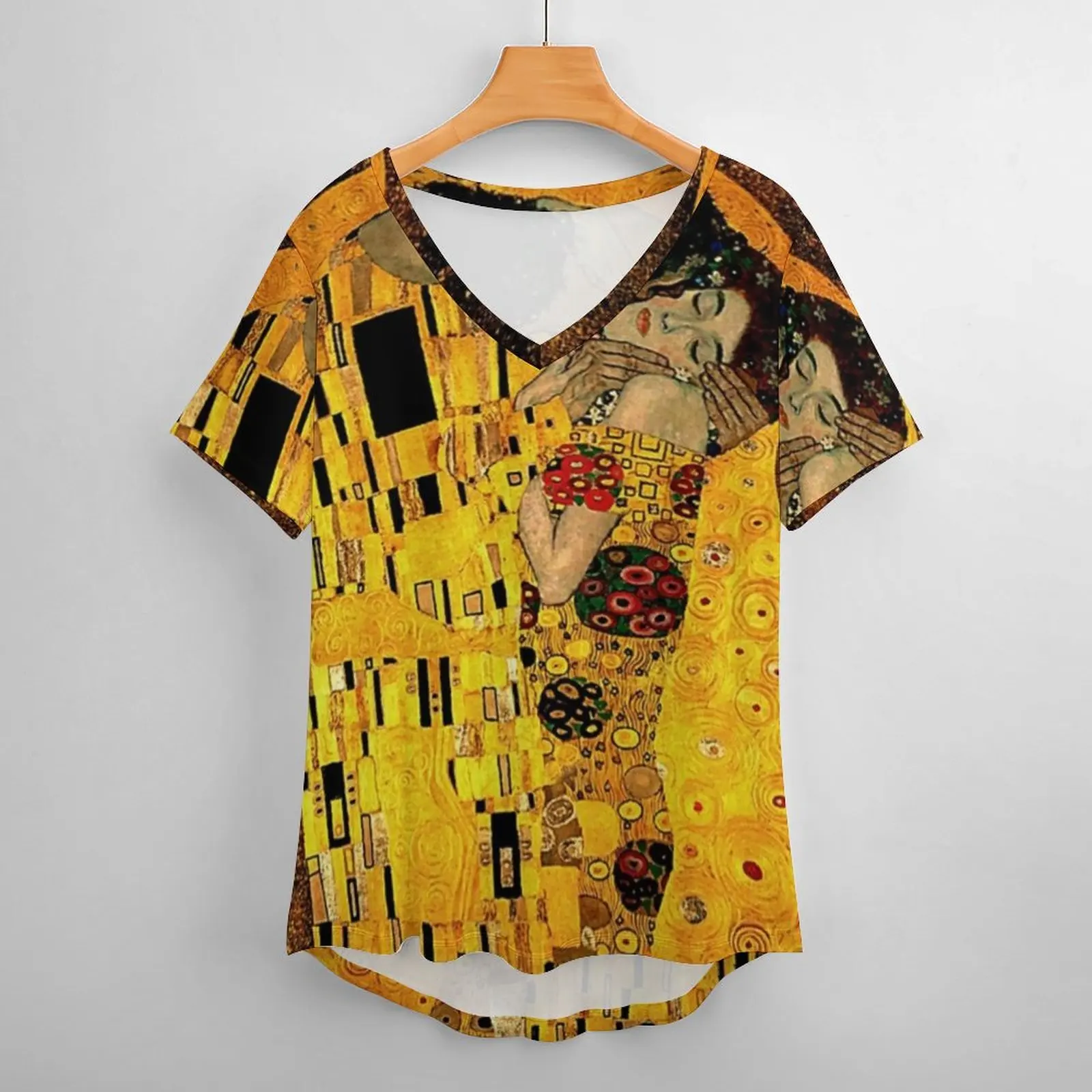 Gustav Klimt T Shirt The Kiss Print Harajuku V Neck T Shirts Short Sleeve Fashion Tee Shirt Summer Design Top Tees Large Size