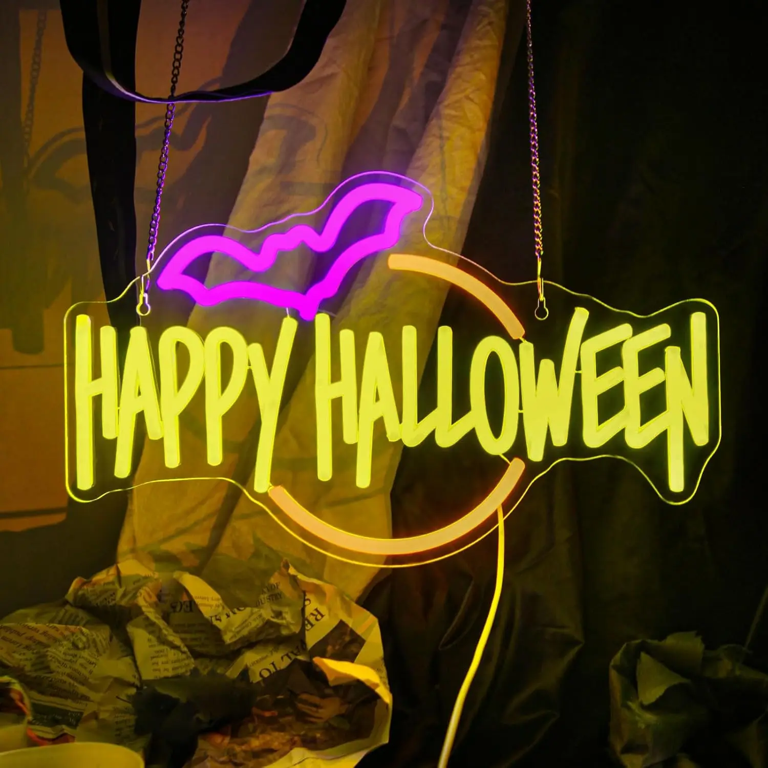 

Happy Halloween Neon Sign LED Light Up for Bedroom Home Bar Halloween Hanging Window Decor Trick or Treat Party
