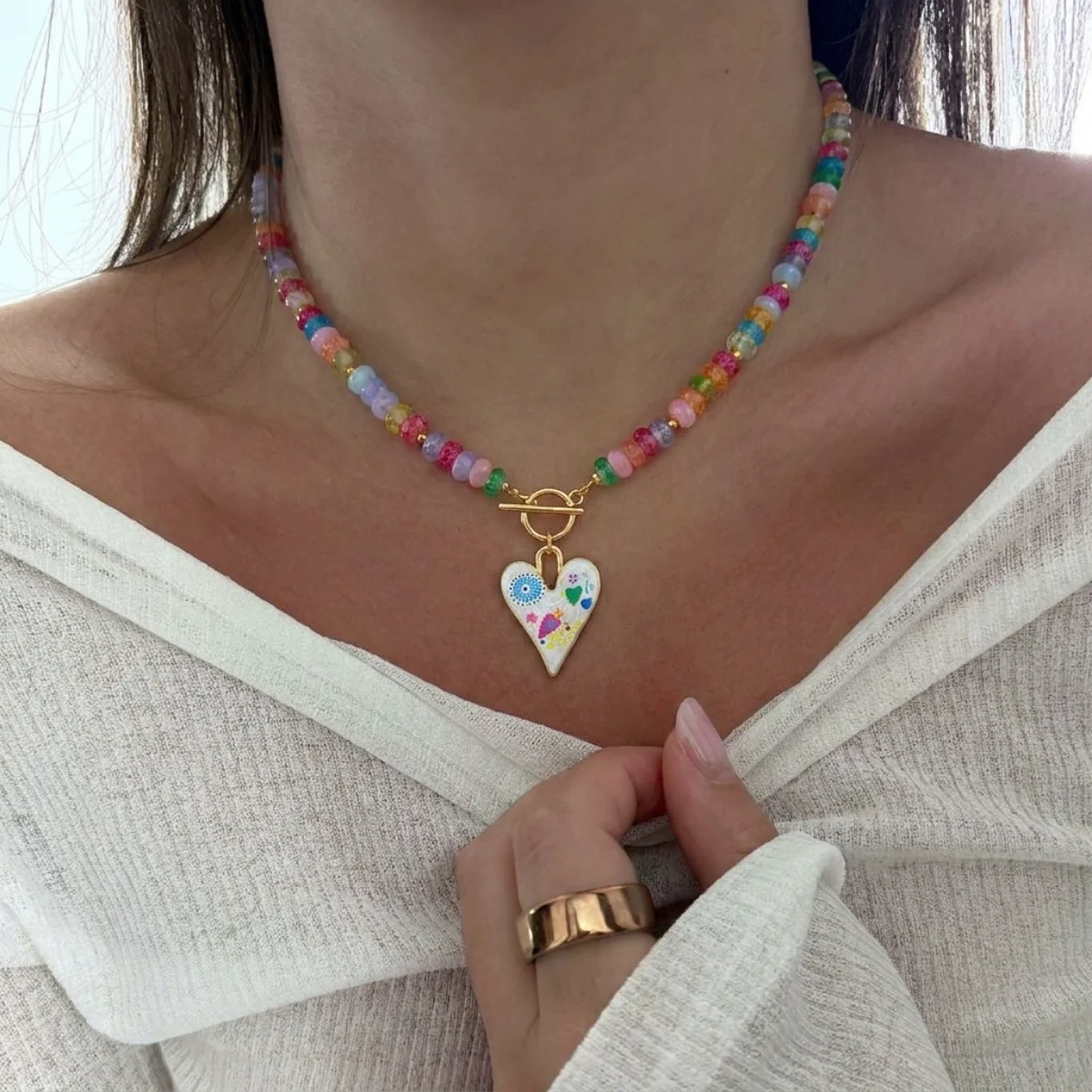 Dopamin Bunte Glas-Flachperlen Graffiti-Blumen-Herz-Anhänger Halskette für Frauen Männer Y2K Vintage OT-Schnallen-Choker Schmuck – Detail 24
