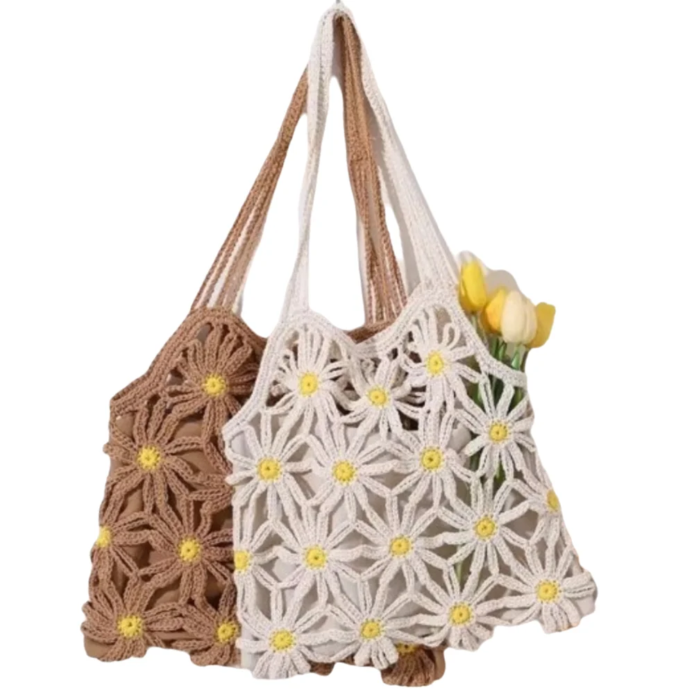Casual Style Cotton Yarn Shoulder Bag Handmade Daisy Pattern Hollow Bag Hollow Design Single Strap Daisy Bag Versatile Use