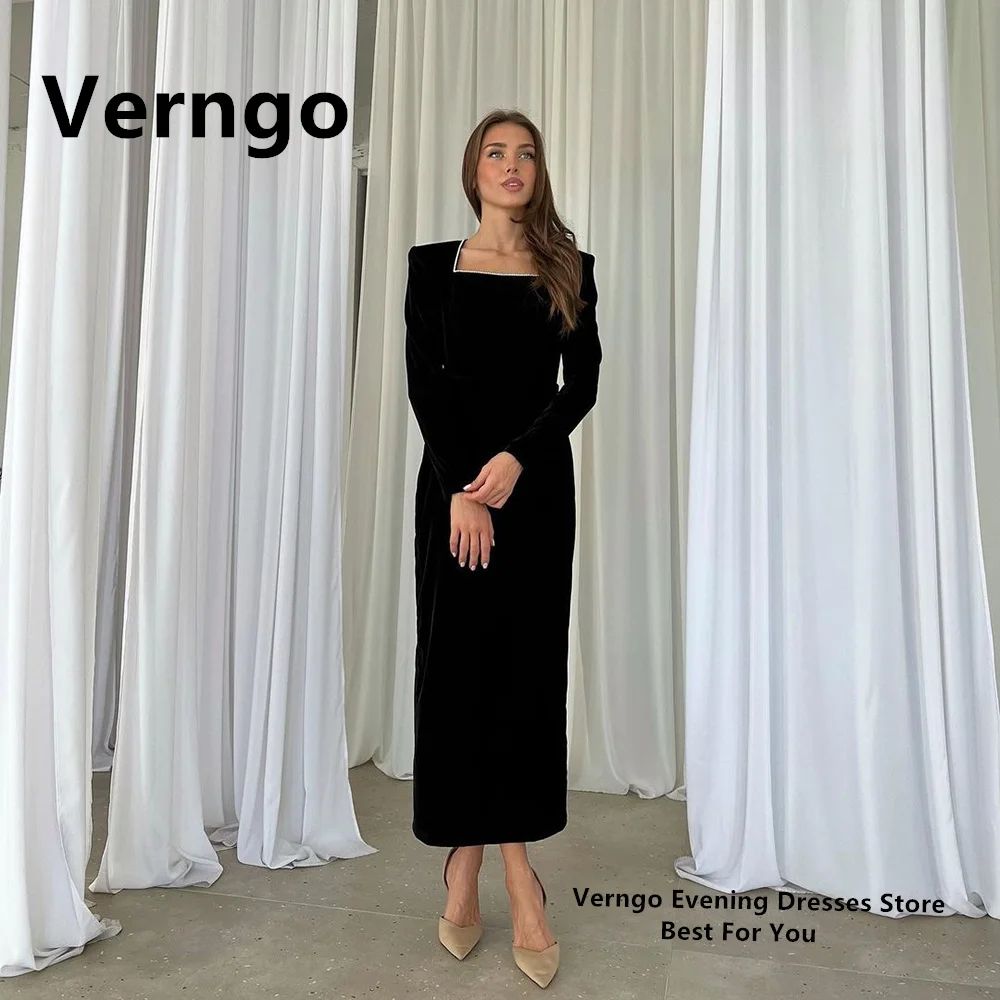 Verngo Black Long Puff Sleeves Square Collar A Line Evening Dresses Formal Dress French Minimalism Simple Party Dress Outfit