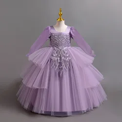 New long-sleeved flower girl wedding skirt Children embroidered cake tulle performance clothes suitable for 4-12 year old girl