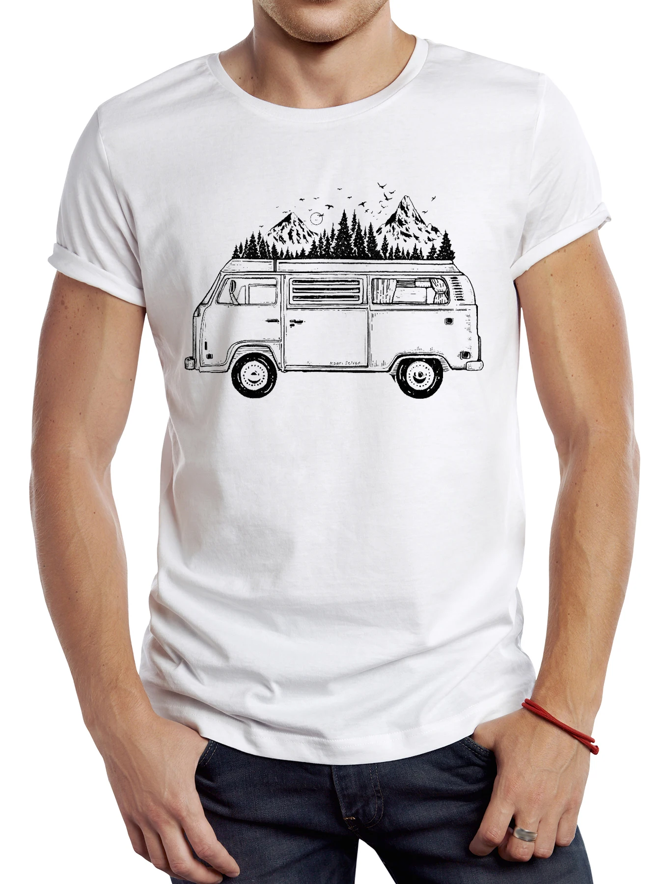 

FPACE Vintage Mountain Van Men T Shirt Casual Camper Bus Male Tops Hipster Retro Camping Van Printed Tee