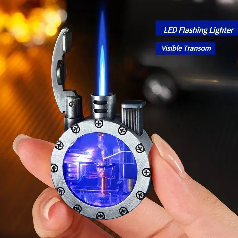 

LED Metal Vintage Light Blue Flame Inflatable Lighter Transparent Gas Window Windproof Gas Lighter Gadget 2024 New Gift