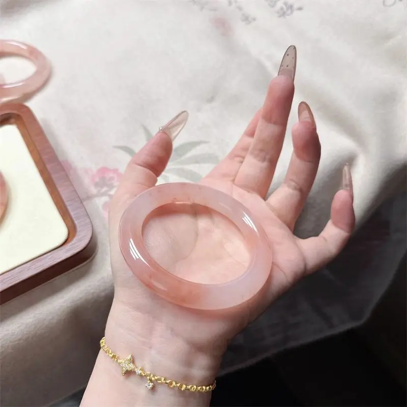 

Peach Blossom Brewed Gold Silk Jade Bracelet Women's Pink Round Strip Yu Taicui Girl Flat Strip Jade Bracelet