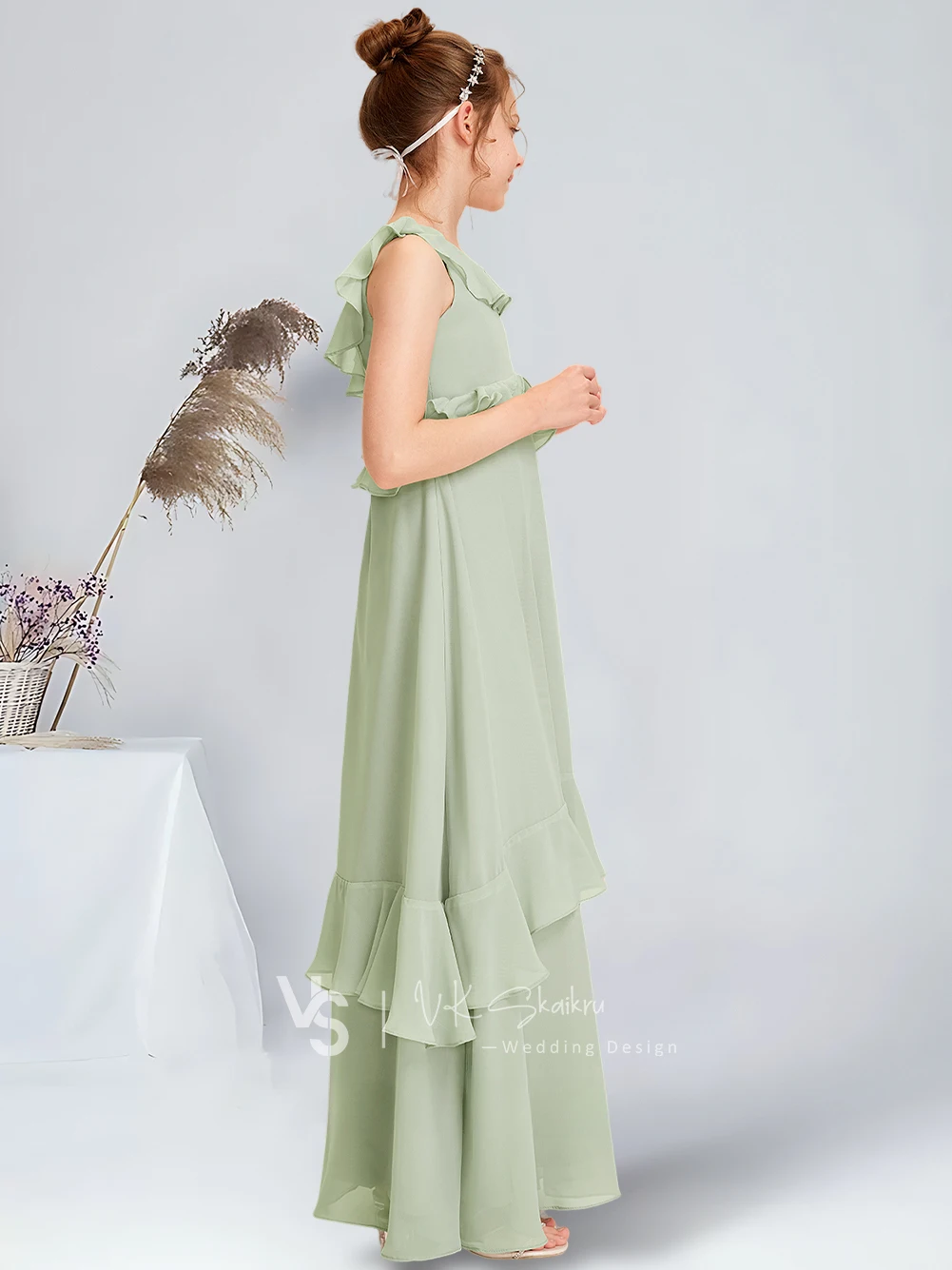 A-line Scoop Floor-Length Chiffon Junior Bridesmaid Dress With Cascading Ruffles Celadon Flower Girl Dress for Wedding Party