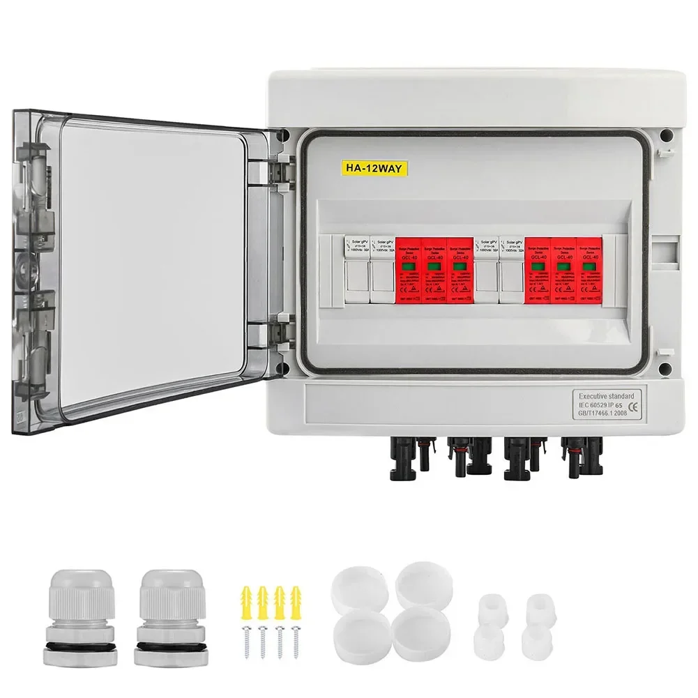 Solar Junction Box DC 2-Strings 8/12Modules 2In 2Out Protection PV System IP65  With PG13.5/16 Cable Glands Connectors