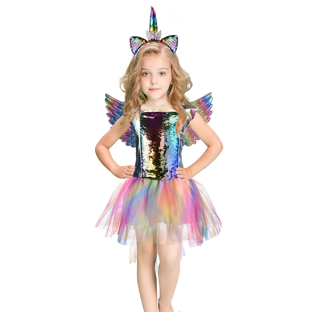 

Rainbow Sequin Unicorn Tulle Cosplay Costume Skirt Set for Baby Girl Party Costume Cosplay Apparel Wing Hairb Props