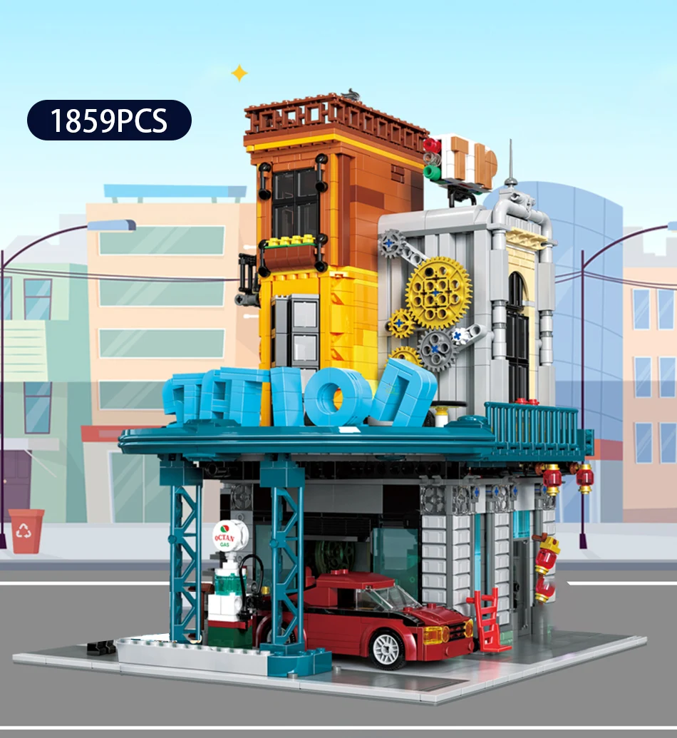 

1859PCS City Mini Car Repair Shop Architecture Building Blocks Street View Corner Bookstore Figures Brick Toy For Children Gift