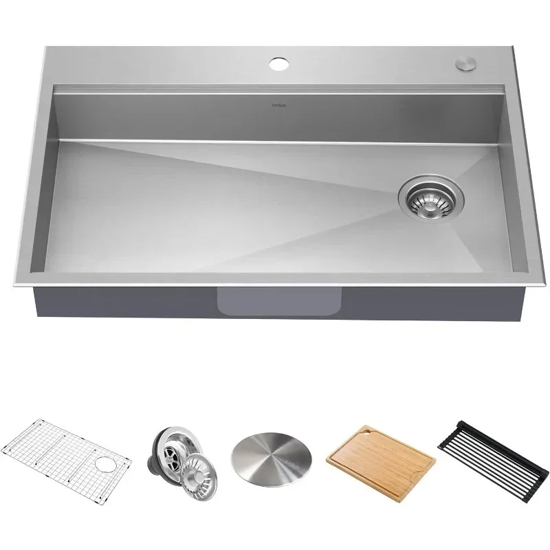 Kraus KWT310-33/5.5 Kore ADA Workstation 33-inch Drop-In Topmount 16 Gauge Stainless Steel Single Bowl Kitchen Sink