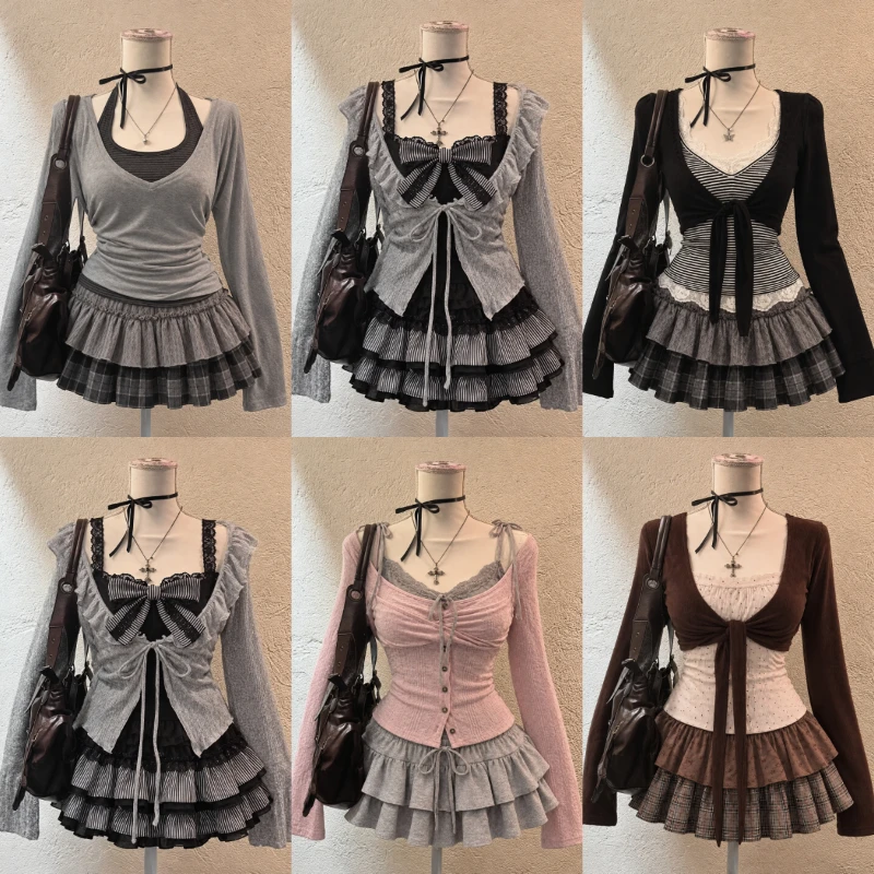 Korean Fashion Women Y2K American Vintage Two Piece Skirt Set Kawaii Subculture Shirt Mini Skirt Retro Harajuku Casual Outfit
