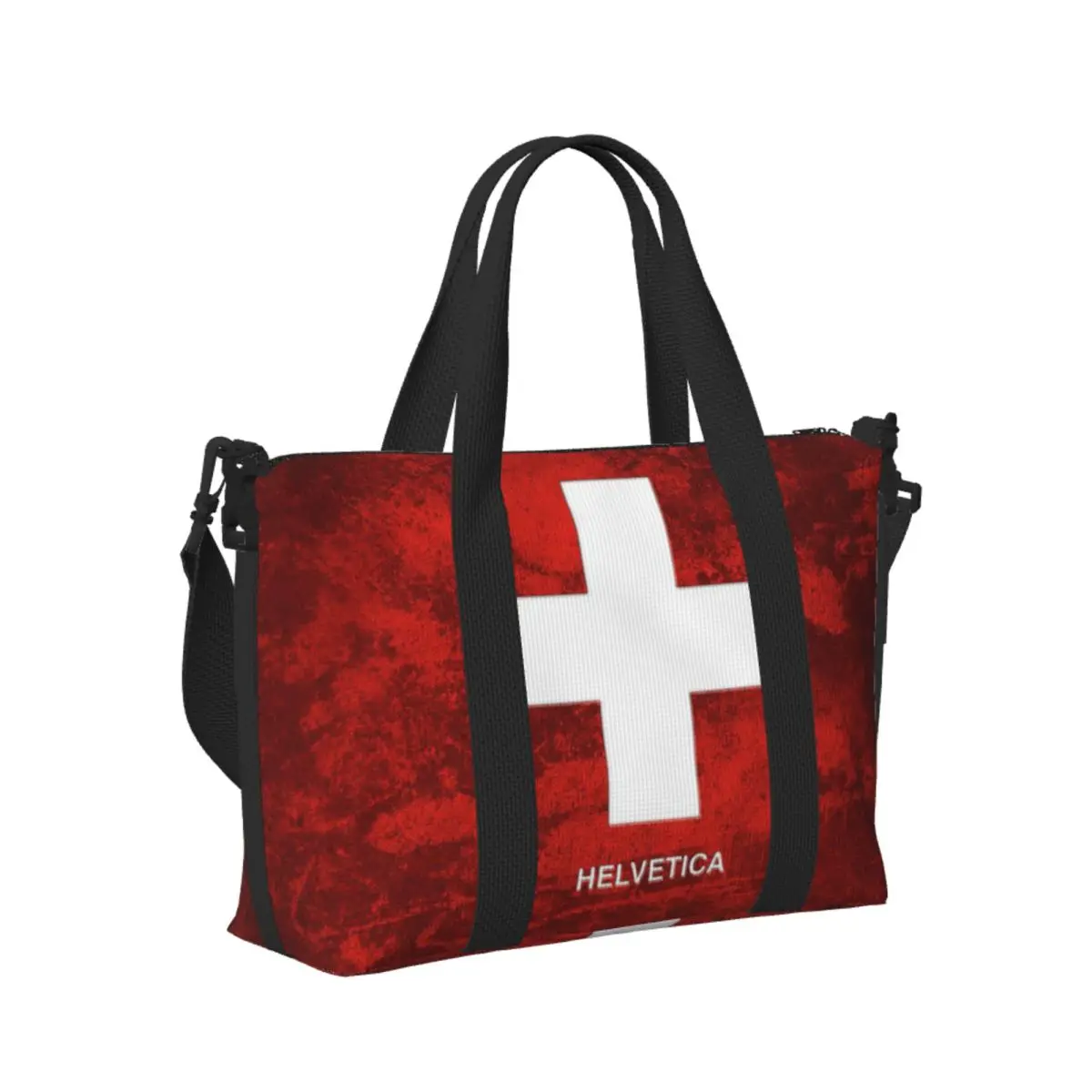 

Custom Swiss Switzerland Flag Beach Travel Bag Large Capacity Tote Bags for Gym Sport Women Shopping Duffle Shoulder Bag