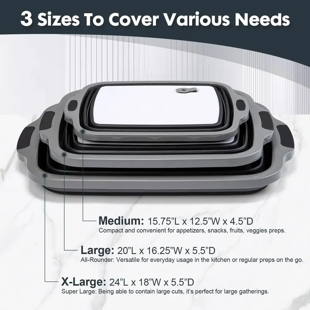 Conjunto de banheiras dobráveis para preparação de churrasco - 3 tamanhos com tampas e tábua de corte para armazenamento de alimentos, marinar e uso ao ar livre