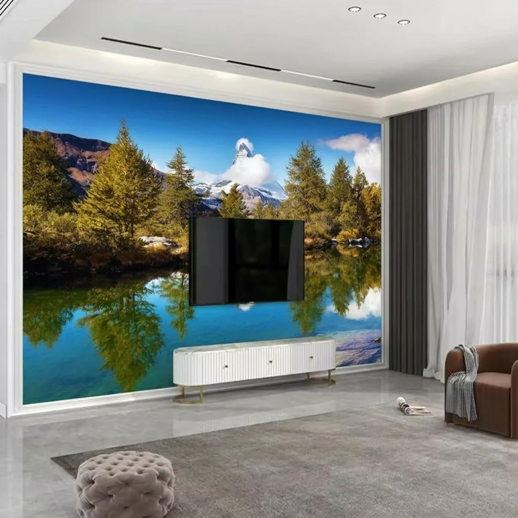 Self-adhesive material featuring golden larch trees and clear lake water, perfect for autumn larch bedroom background wall.