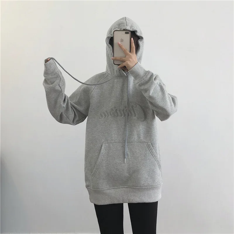 Autumn Sweater Hoodie/Grey/Black Letter Embroidered Plush Hoodie Coat Streetwear Women