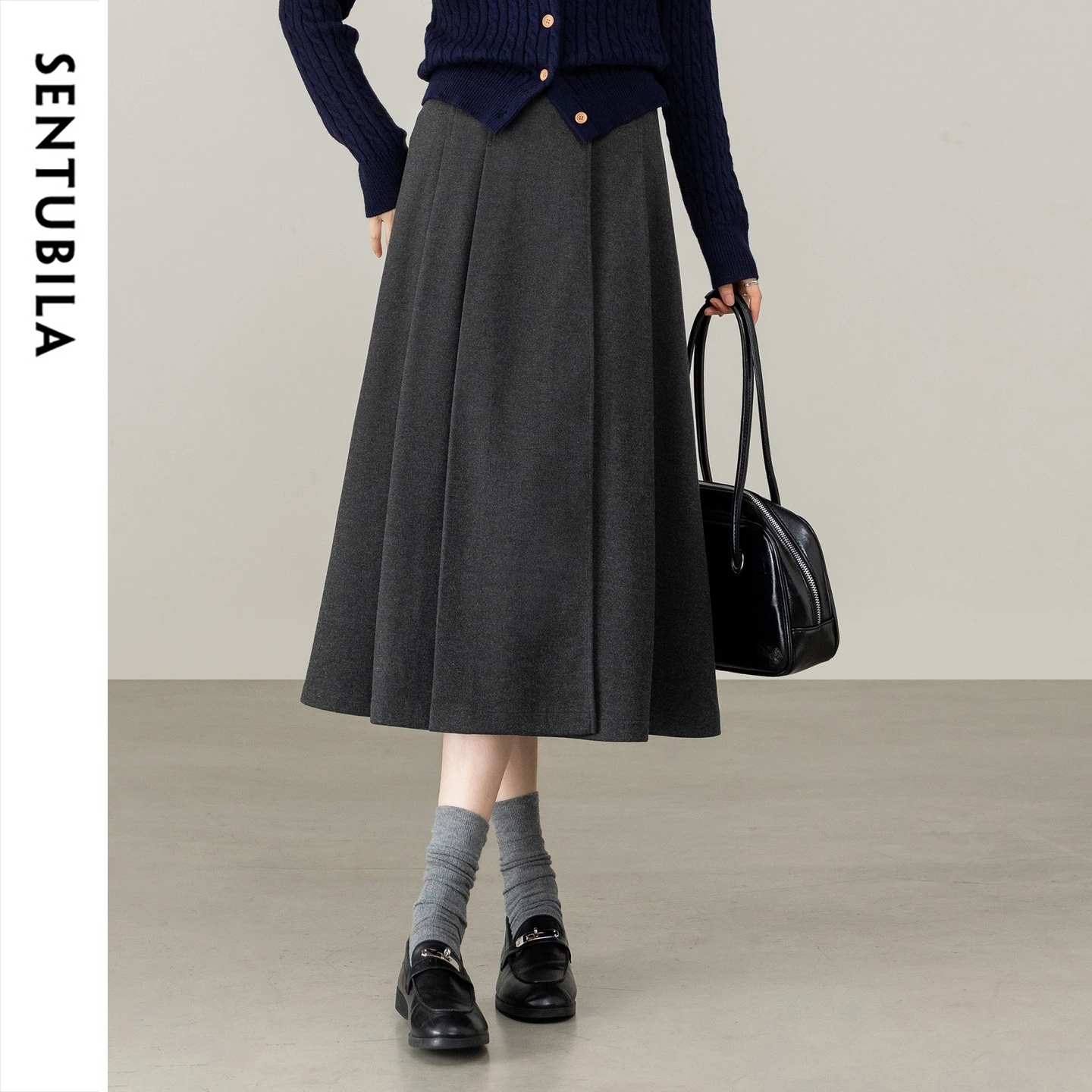 SENTUBILA Pleated A‑Line Midi Skirt for Women 2026 Winter Thick Warm High Waist Commuter Daily Long Versatile Skirts 164QB8163