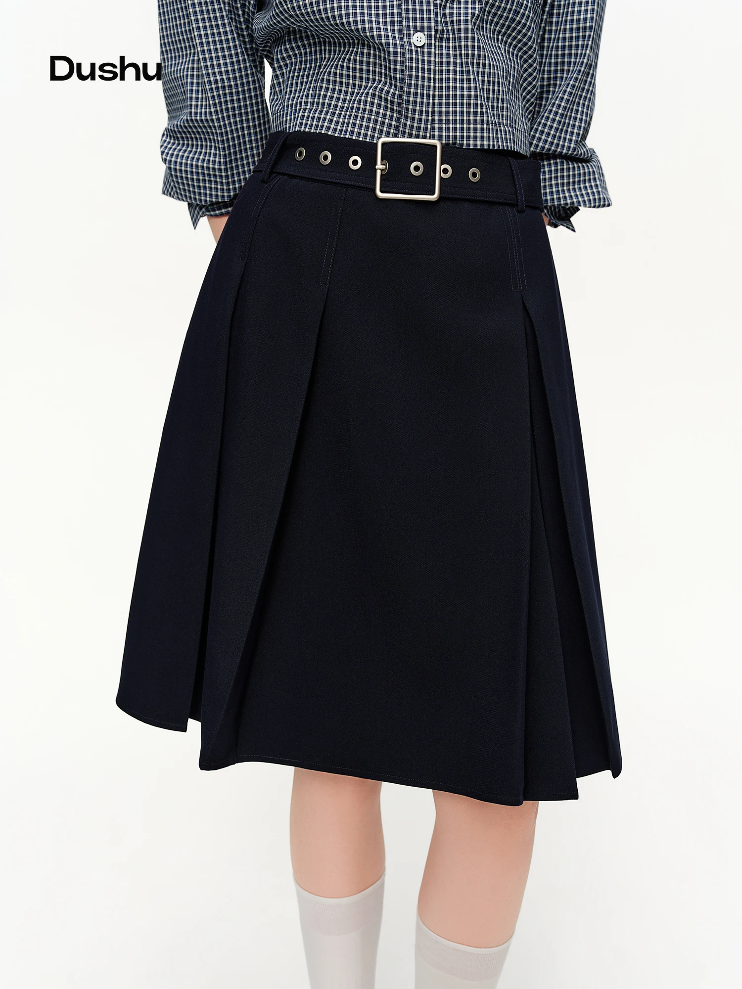 

Юбка DUSHU 2026 весна, женская, с завышенной талией, плиссированная, А-силуэт, миди — элегантная, струящаяся юбка для офиса и повседневных поездок