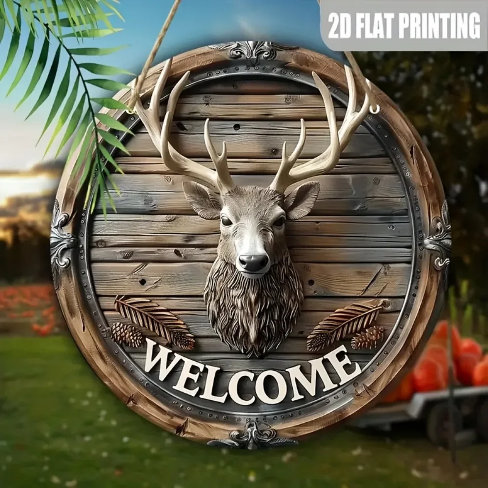 لافتة ترحيب دائرية على شكل قرن الوعل الغزلان - ديكور جداري بمظهر خشبي على الطراز الريفي، فن تعليق أفقي صناعي للمنزل