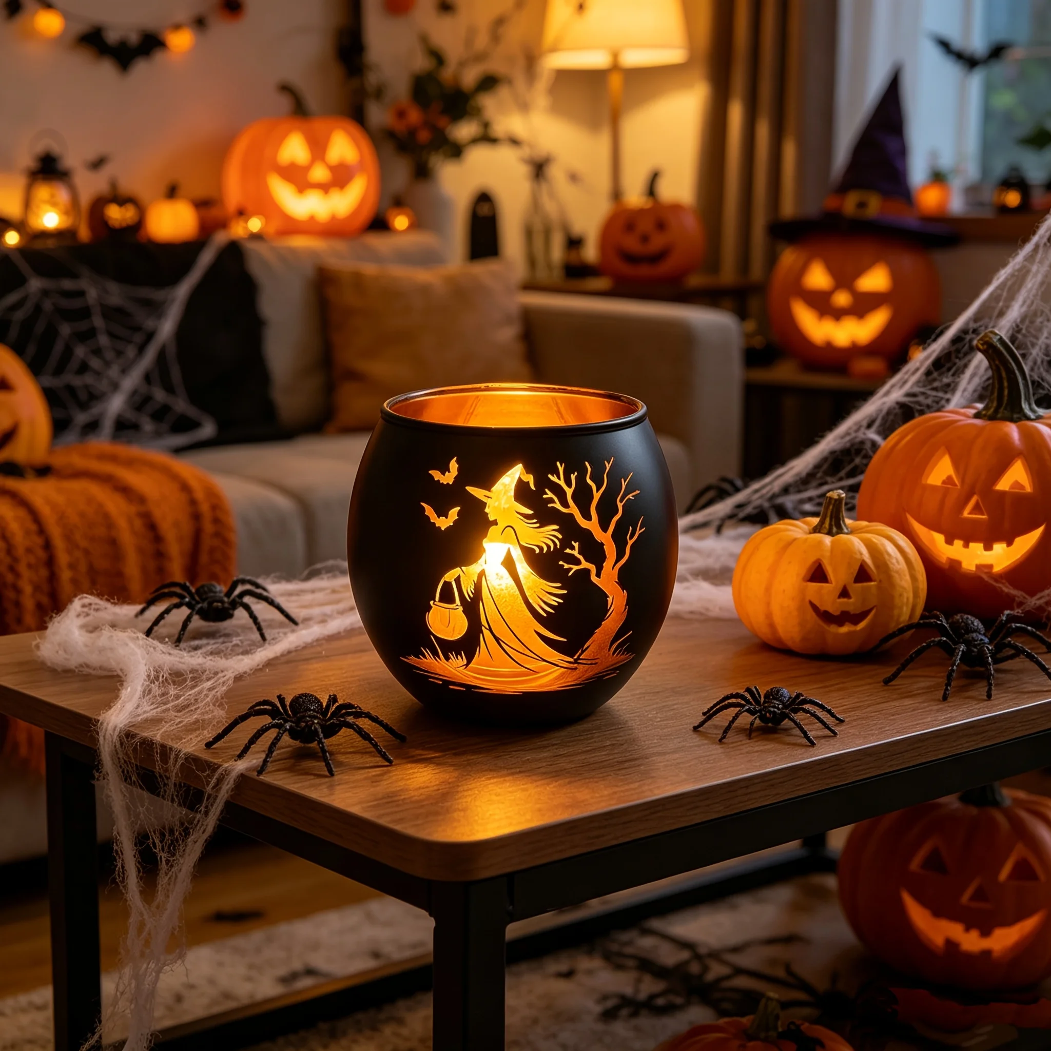 1Pc Black Gold Glass Witch Candle Holder, Halloween Bat Tree Silhouette Decor for Thanksgiving Gift