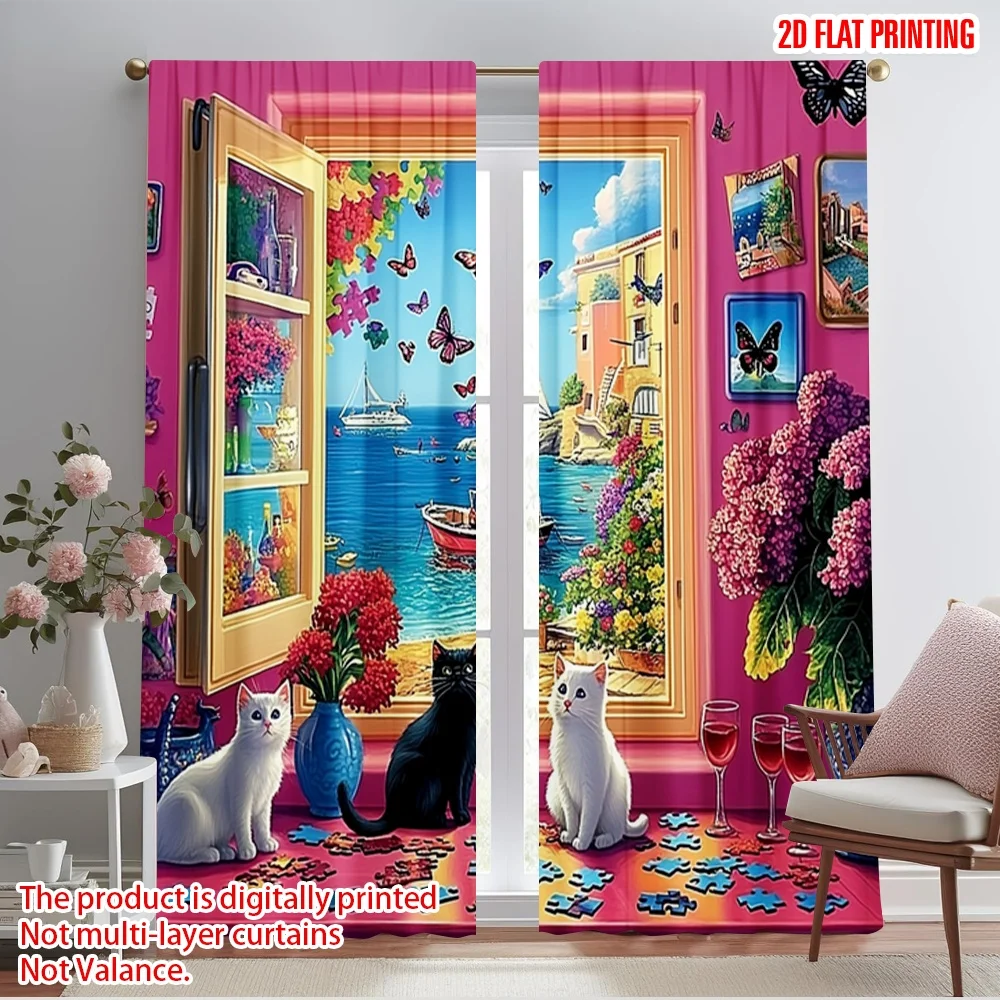 

2pcs 2D flat printing Drapes cute kitten Polyester Without Electricity Festive Wall Decor for Outdoor Holiday Decorations