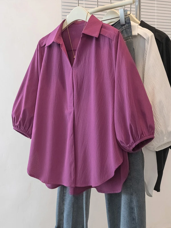 

Ele V-Ne 7/8 Sve Doll irt Loose Fit French Sle Casual Top for Young Women Polyester Fiber Regular Thin