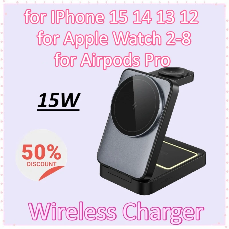 

New 15W Foldable 3 in 1 Magnetic Magsafe Wireless Charger Stand for IPhone 15 14 13 12 for Apple Watch 2-8 for Airpods Pro