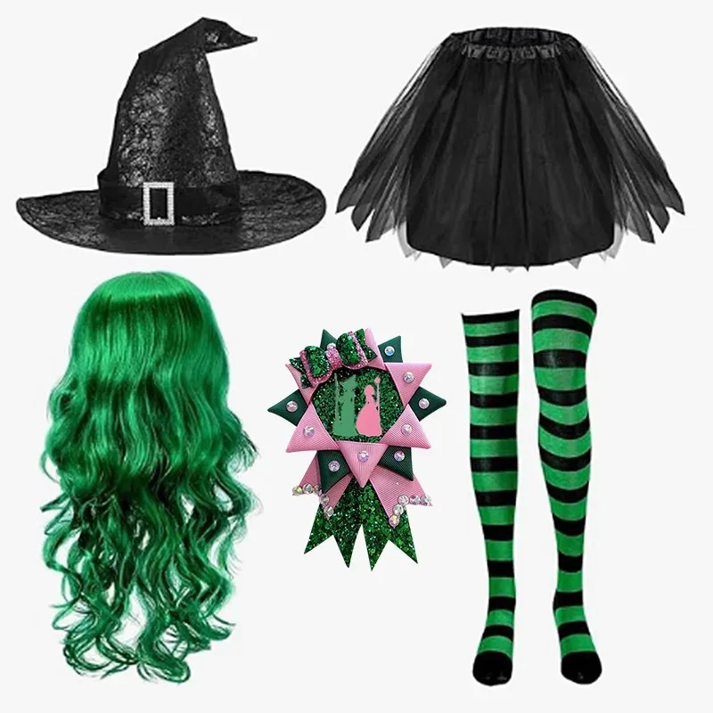 Movie Wicked Elphaba Glinda Cosplay Costume Tutu Skirt Witches Hat Badge Wig Sets Women Halloween Carnival Party Accessories